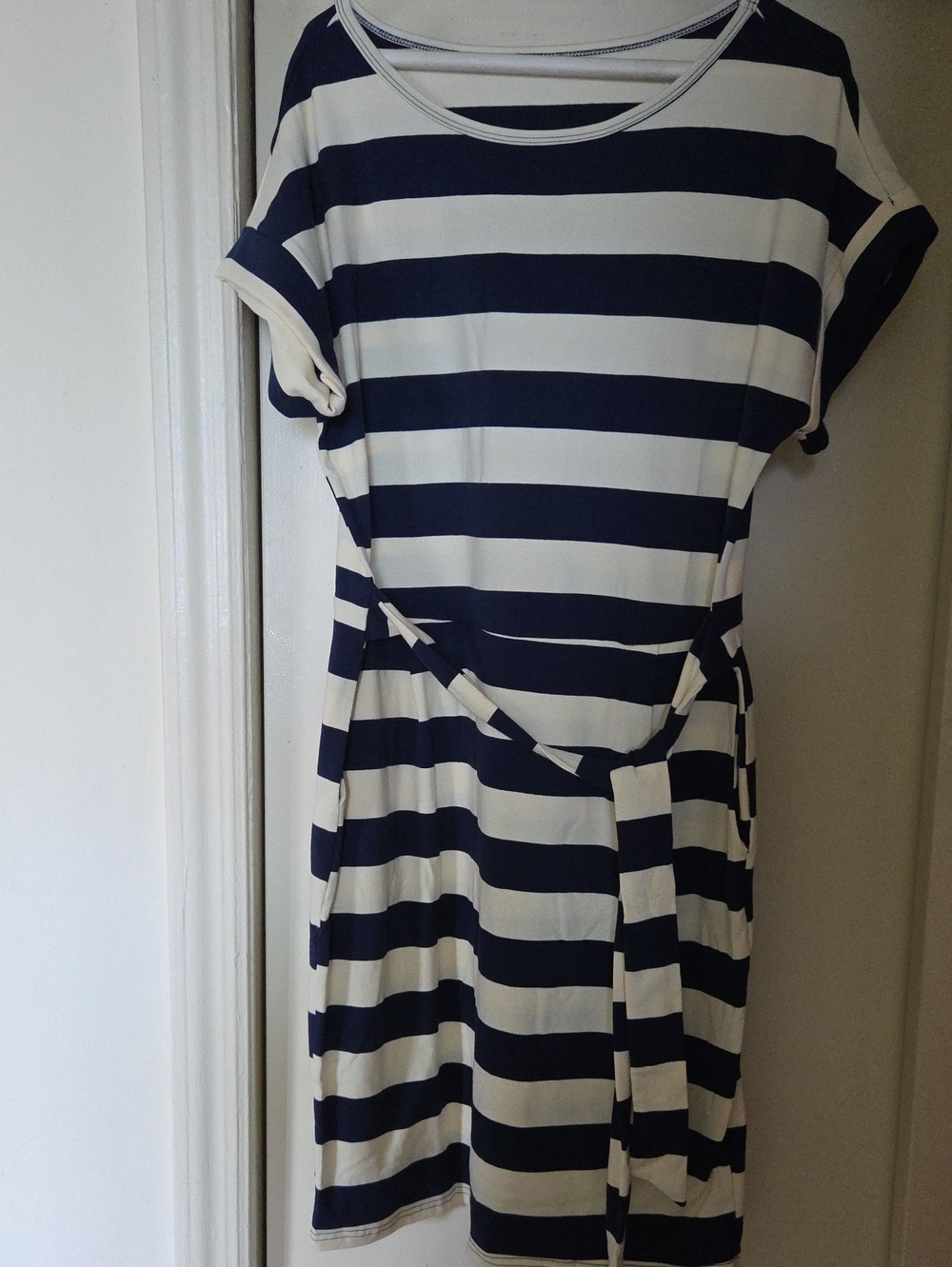 Amazon Navy and White Striped Tie-Waist Mini Dress